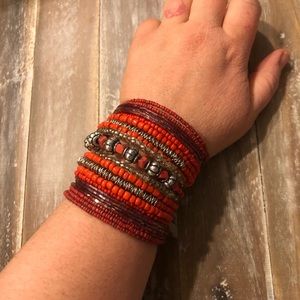 Red Beaded Cuff Bracelet - Multi Strand